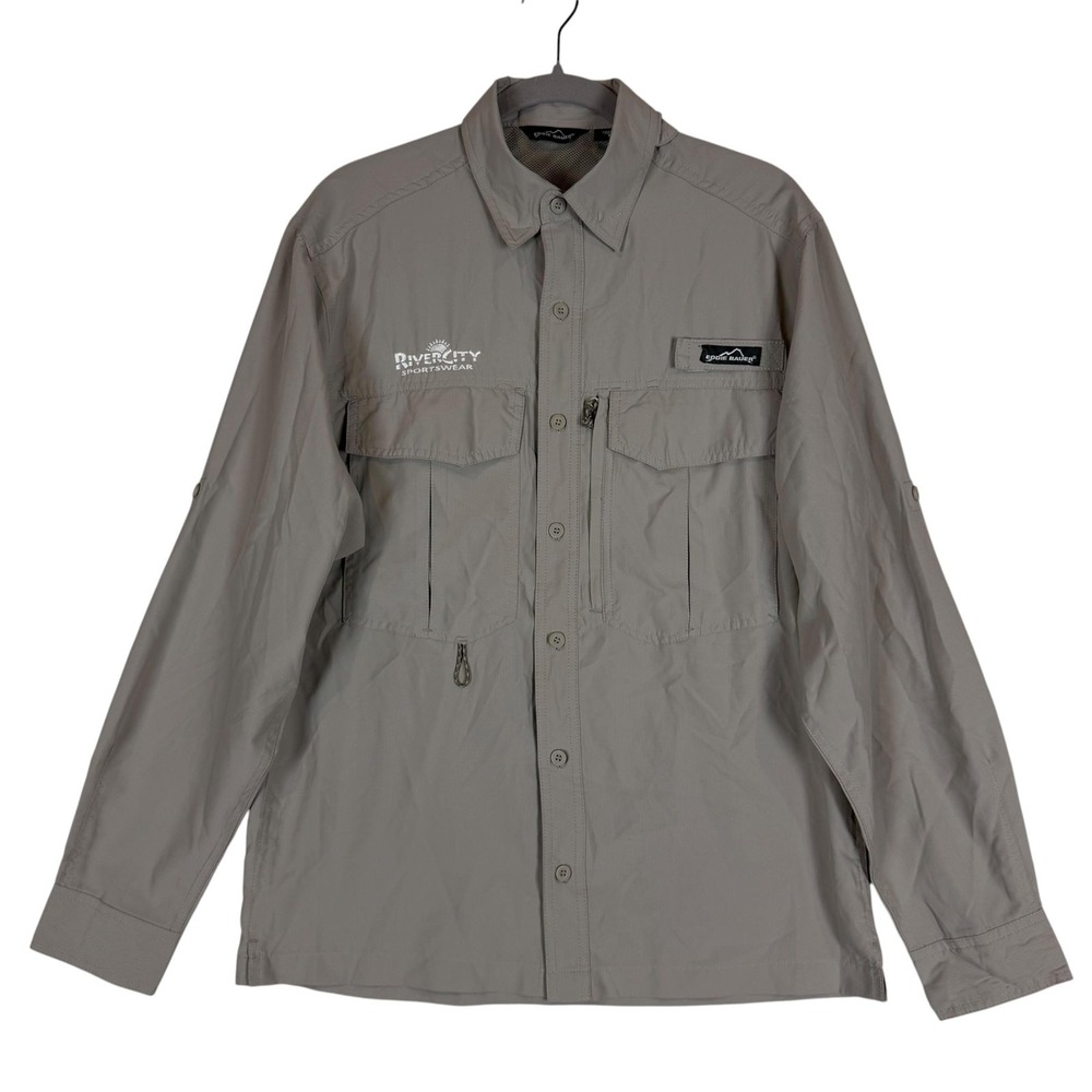 Eddie Bauer Shirt Mens Small Gray Long Sleeve Button Front Fishing Outdoor Logo
